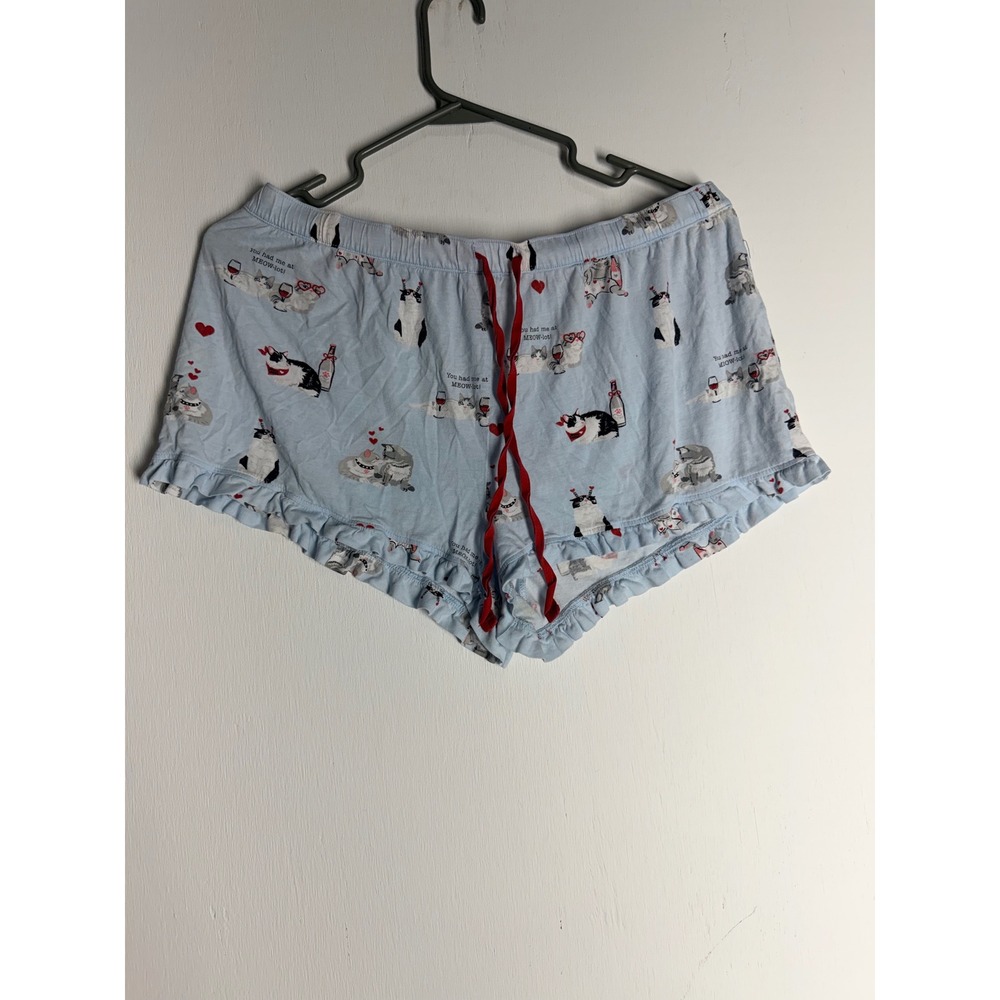 PJ Salvage Women Blue Meow-lot Cat Wine Pajama Shorts Ruffle Sleepwear Medium